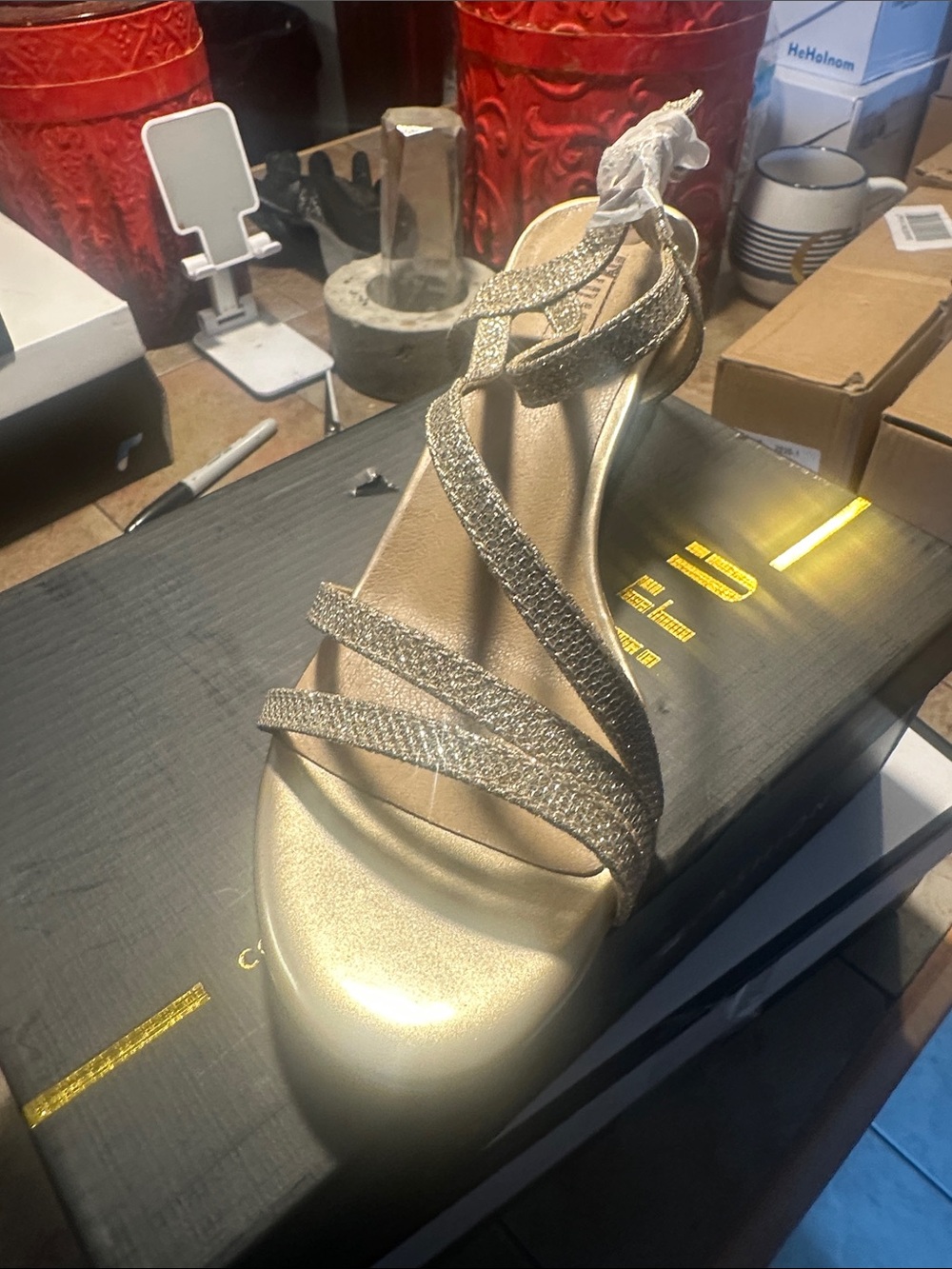 IDIFU Gold Glitter Strappy Sandal Heels
